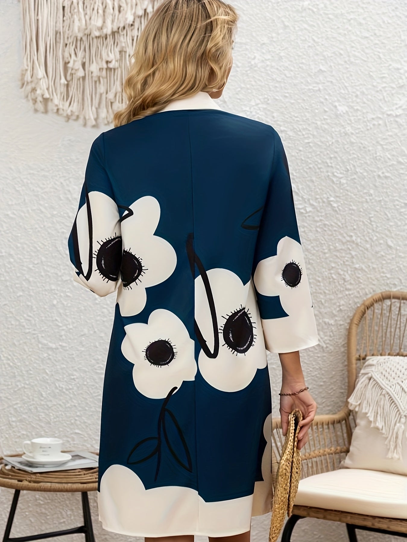 Women'S Elegant Lapel Button Long Sleeve Tunic Dress, Random Print, Polyester, 100g/m², Woven, for Adult, Spring/Summer/Fall